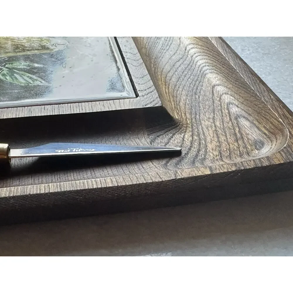 Vintage Fred Press Serving Platter Serv Wood Fruit Ceramic Cheese Board Tray